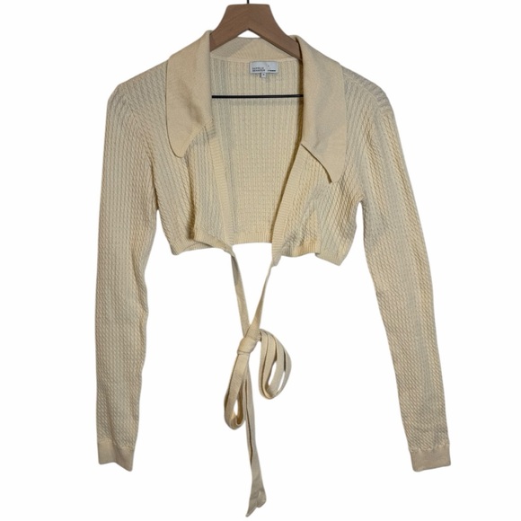 Danielle Bernstein Cropped Wrap Knit Top Tie Front Long Sleeve Cream Size M - Picture 2 of 14